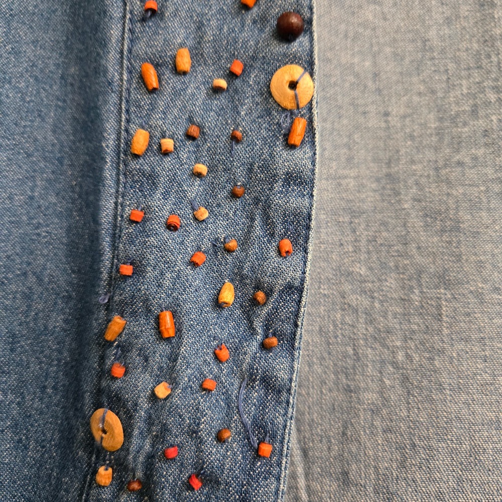 Keren Hart Blue Denim Beaded Skirt Set Jacket L Skirt M Boho Western Tiered Maxi - Picture 9 of 16